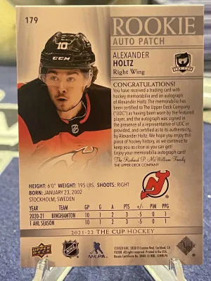 2021-22 UD THE CUP ROOKIE AUTO PATCH RPA #179 DEVILS - ALEXANDER HOLTZ /249 back