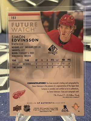 2023-24 Upper Deck Sp Authentic Simon Edvinsson Future Watch Auto /999 back