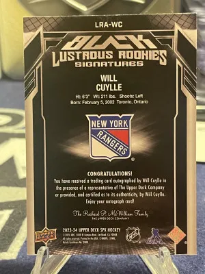 2023-24 Upper Deck SPX Black Lustrous Autograph Auto #WC Will Cuylle 111/199 RC back