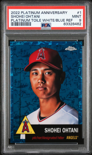 2022 Topps Chrome Platinum Anniversary Shohei Ohtani Platinum Toile White/Blue Ref front