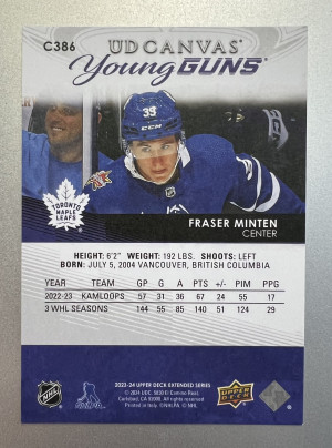 2023 Upper Deck Fraser Minten #C386 Rookie back