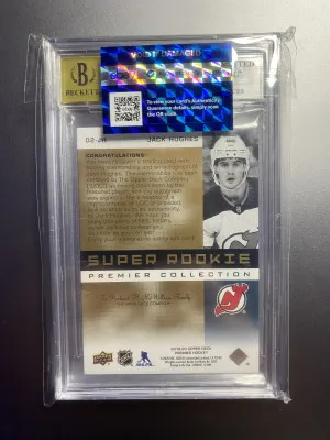 2019-20 Upper Deck Premier Jack Hughes Rookie Patch Auto RPA /99 BGS 8 Auto 10 back