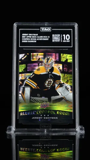 Jeremy Swayman 2021 Upper Deck Allure Control Room Achievement #Cr-13 Green Rainbow front