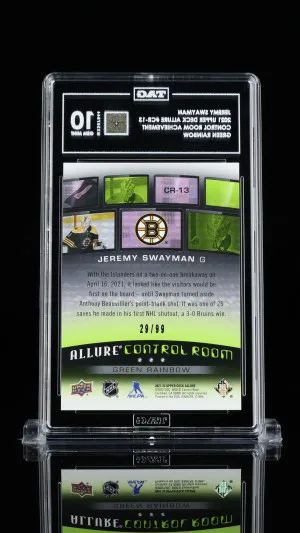 Jeremy Swayman 2021 Upper Deck Allure Control Room Achievement #Cr-13 Green Rainbow back