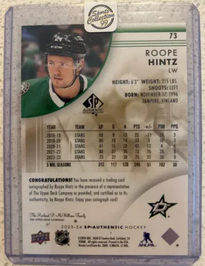 2023-24 SP Authentic Limited Auto Black Roope Hintz back