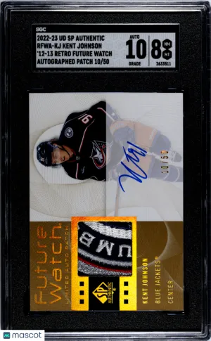 2022-23 Upper Deck SP Authentic Kent Johnson Future Watch Auto Patch /50 SGC 8 front