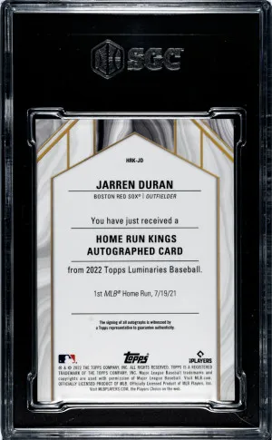 2022 Topps Luminaries Jarren Duran Home Run Kings Auto Red 9/10 #HRK-JD SGC 9.5 back