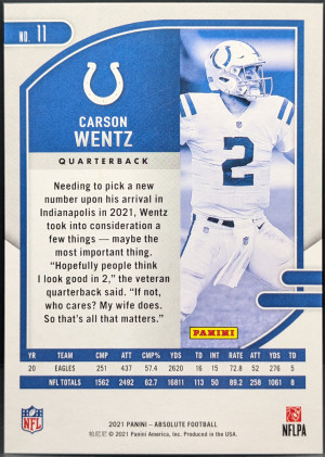 2021 Panini Absolute Red Squares #11 Carson Wentz Indianapolis Colts /499 [119|11] back