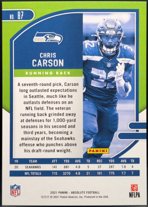 2021 Panini Absolute Red Squares #87 Chris Carson Seattle Seahawks /499 [119|87] back