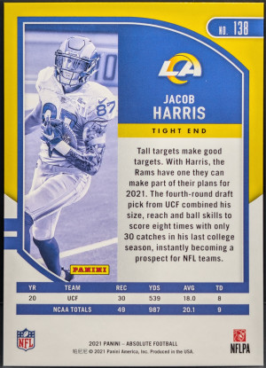 2021 Panini Absolute Red Squares #138 Jacob Harris Los Angeles Rams /499 [119|138] back