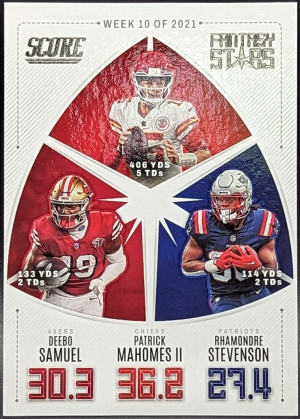 2022 Score Fantasy Stars Insert #FS10 Deebo, Patrick Mahomes, Stevenson [92|FS10] front