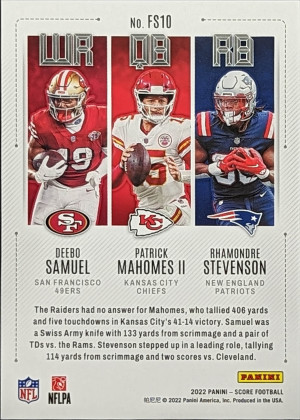 2022 Score Fantasy Stars Insert #FS10 Deebo, Patrick Mahomes, Stevenson [92|FS10] back