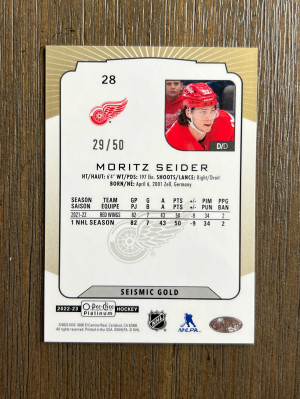 2022-23 OPC Platinum Moritz Seider Seismic Gold /50 #28 Red Wings back
