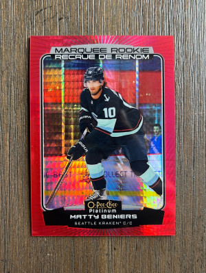 2022-23 OPC Platinum Matty Beniers Marquee Rookie Red Prism /199 #203 Kraken RC front