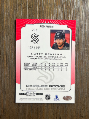 2022-23 OPC Platinum Matty Beniers Marquee Rookie Red Prism /199 #203 Kraken RC back