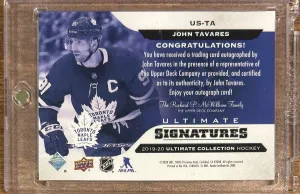 John Tavares 2019-20 Upper Deck Ultimate Collection Ultimate Signatures #US-TA Maple Leafs back