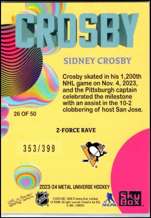 2023-24 Skybox Metal Universe #26 (of 50) Sidney Crosby Z-Force RAVE /399 back