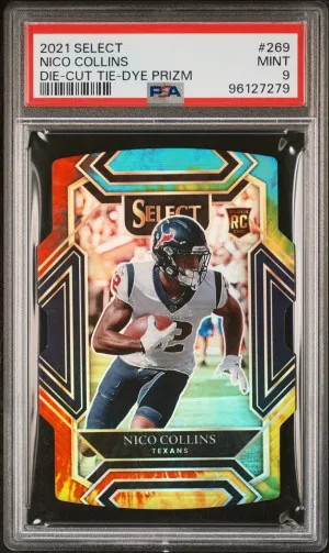 2021 Panini Select Nico Collins Die-Cut Tie-Dye Prizm #269 /25 SP PSA 9 front