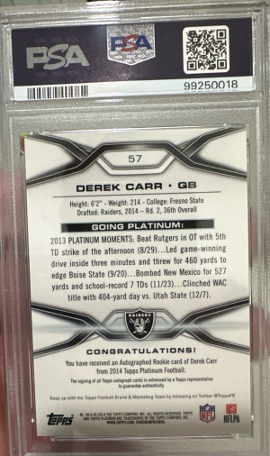 2014 Topps Platinum Rookie Autograph Derek Carr Rookie Auto.-Blue Ref. back