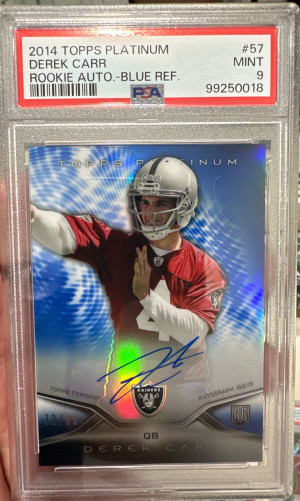2014 Topps Platinum Rookie Autograph Derek Carr Rookie Auto.-Blue Ref. front