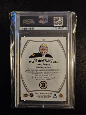 2021 22 SP Authentic Future Watch Auto Rookie #381/999 Jeremy Swayman PSA 10 back