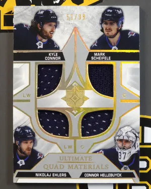 2021-22 Ultimate Quad Materials Game Used /99 Hellebuyck Connor Scheifele Ehlers front