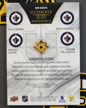 2021-22 Ultimate Quad Materials Game Used /99 Hellebuyck Connor Scheifele Ehlers back