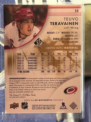 2023-24 SP Authentic. Teuvo Teravainen Limited Auto Material. Patch. #/100 Canes back