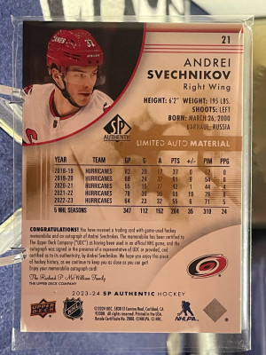 2023-24 UD SP Authentic Andrei Svechnikov Limited Auto Material /50 back