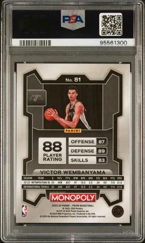 Victor Wembanyama 2023-24 Panini Prizm Monopoly Rookie Card, Perfect PSA 10 Gem back