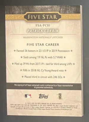 2021 Topps Five Star Patrick Corbin Purple Auto /50 back