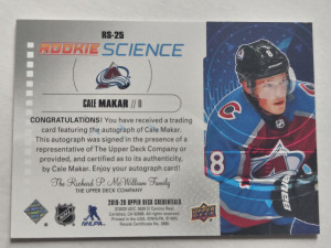 2019-20 Credentials Rookie Science Cale Makar Auto #RS-25 back