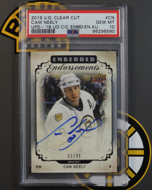 2018-19 Upper Deck Clear Cut Embedded Endorsements Auto /99 Cam Neely PSA 10 Gem front