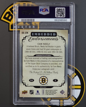 2018-19 Upper Deck Clear Cut Embedded Endorsements Auto /99 Cam Neely PSA 10 Gem back