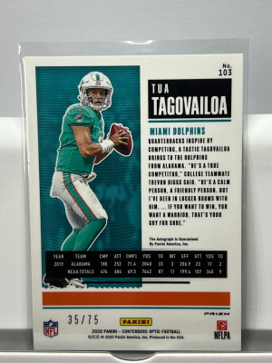 2020 Panini Contenders Optic Tua Tagovailoa Blue Prizm Auto /75 #103 back