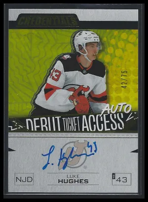 2023-24  Luke Hughes Upper Deck Credentials - Debut Ticket Access Autographs Yellow /75 front
