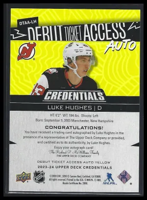 2023-24  Luke Hughes Upper Deck Credentials - Debut Ticket Access Autographs Yellow /75 back