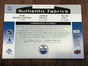 Authentic fabrics triple jersey hall Eberle Ryan Nugent-hopkins - trio - Edmonton Oilers, sp game used. back