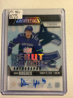 2019-20 credentials debut ticket access auto quinn hughes /25 rc front