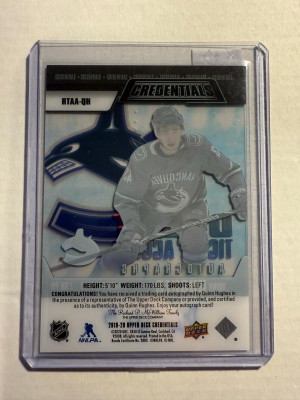 2019-20 credentials debut ticket access auto quinn hughes /25 rc back