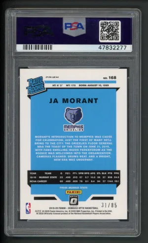 2019 Optic #168 Ja Morant Rated Rookie Fast Break Red /85 PSA 10 back