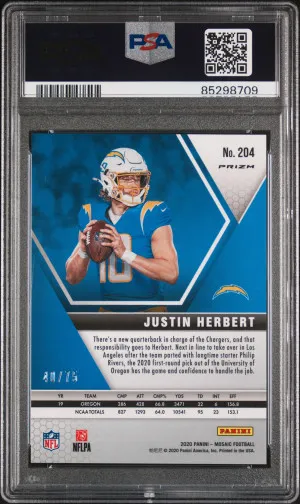 2020 Panini Mosaic #204 Justin Herbert No Huddle Blue /75 PSA 10 back