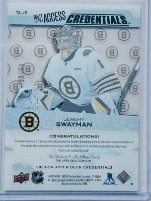 Jeremy Swayman 2023/24 UD Credentials Acetate Ticket Access AUTO /99 back