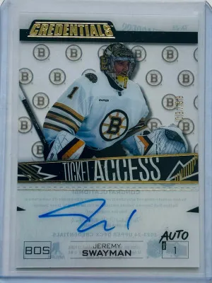 Jeremy Swayman 2023/24 UD Credentials Acetate Ticket Access AUTO /99 front
