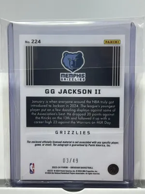2023-24 Panini Obsidian GG Jackson II RPA Auto Purple /49 3 Color Patch back