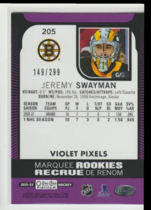O-Pee-Chee Platinum Violet Pixels Jeremy Swayman #205 149/299 back
