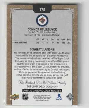 Upper Deck Chronology Gold Premium Connor Hellebuyck #179 Auto Patch 19/25 back