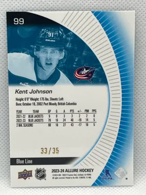 2023-24 Upper Deck Allure KENT JOHNSON #99 Blue Line 33/35 back