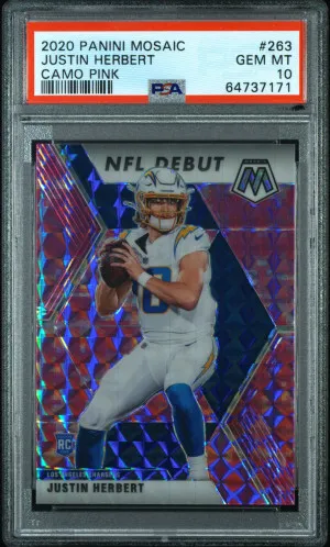 2020 Mosaic Football Justin Herbert Camo Pink Rookie PSA 10 front