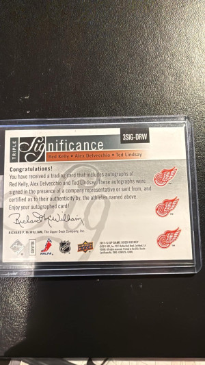 2011-12 SPGU triple significance auto red kelly alex delvecchio ted lindsay SP/10 back